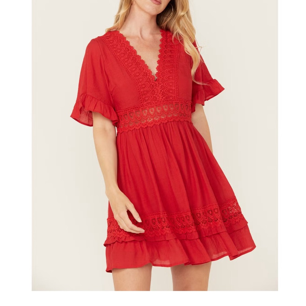 Wishlist Red V-neck Lace Trim Babydoll Dress